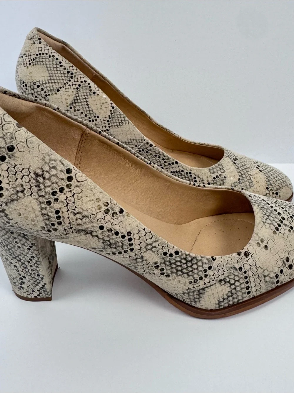 Clarks Snake-Print Block Heel Pumps in Cream and Black